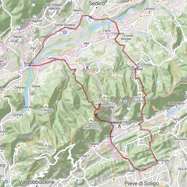 Kartminiatyr av "Grusvei rute til Passo San Boldo" sykkelinspirasjon i Veneto, Italy. Generert av Tarmacs.app sykkelrutoplanlegger