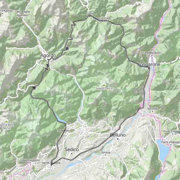 Miniatua del mapa de inspiración ciclista "Ruta de ciclismo de carretera Santa Giustina - Ponte nelle Alpi" en Veneto, Italy. Generado por Tarmacs.app planificador de rutas ciclistas