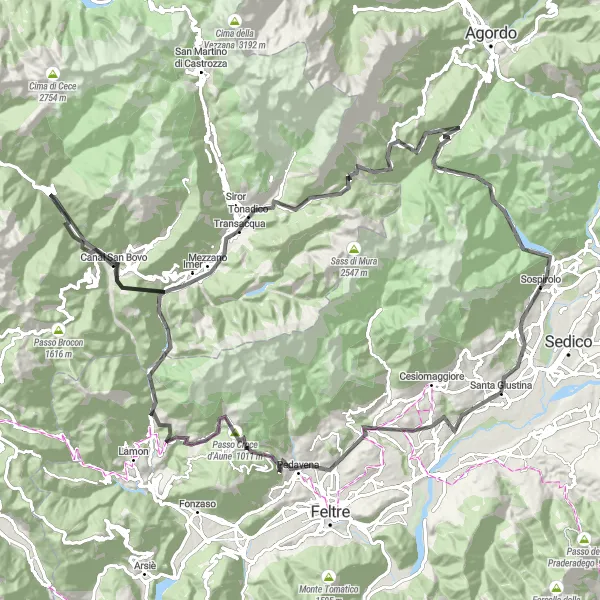 Miniaturní mapa "Silniční cyklostezka kolem Santa Giustina s významnými vrcholy" inspirace pro cyklisty v oblasti Veneto, Italy. Vytvořeno pomocí plánovače tras Tarmacs.app