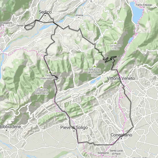 Zemljevid v pomanjšavi "Ciklotura okoli Santa Giustina" kolesarske inspiracije v Veneto, Italy. Generirano z načrtovalcem kolesarskih poti Tarmacs.app