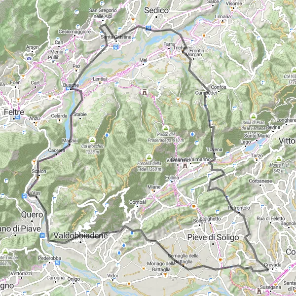 Miniatua del mapa de inspiración ciclista "Ruta de ciclismo de montaña alrededor de Santa Giustina" en Veneto, Italy. Generado por Tarmacs.app planificador de rutas ciclistas