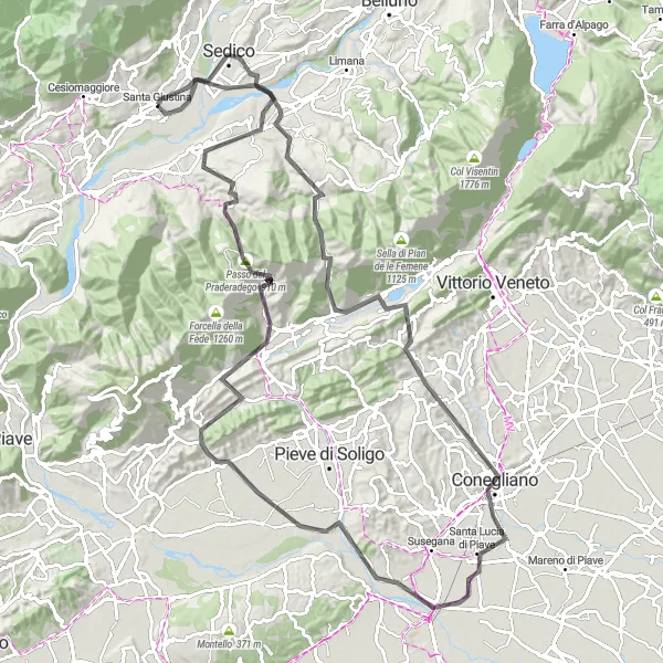 Kartminiatyr av "Rundtur gjennom Conegliano" sykkelinspirasjon i Veneto, Italy. Generert av Tarmacs.app sykkelrutoplanlegger