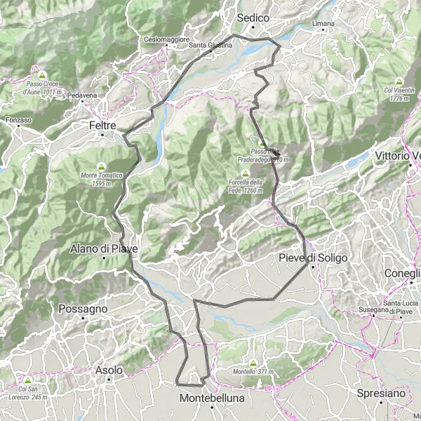 Miniature de la carte de l'inspiration cycliste "Chemin des Châteaux" dans la Veneto, Italy. Générée par le planificateur d'itinéraire cycliste Tarmacs.app
