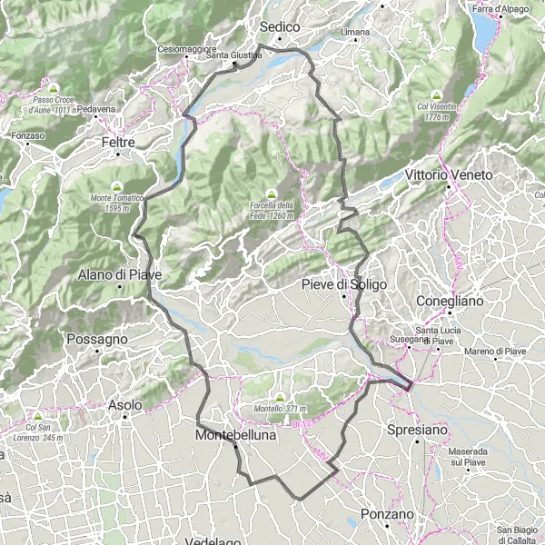 Miniatua del mapa de inspiración ciclista "Ruta en carretera alrededor de Santa Giustina" en Veneto, Italy. Generado por Tarmacs.app planificador de rutas ciclistas