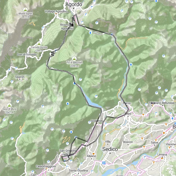 Mapa miniatúra "Cyklistická trasa po horských chrbtoch blízko Santa Giustina" cyklistická inšpirácia v Veneto, Italy. Vygenerované cyklistickým plánovačom trás Tarmacs.app