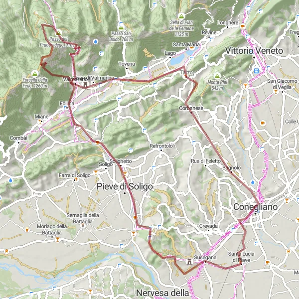 Miniaturní mapa "Trasa Susegana - Follina - Col de Moi - Forcella della Fede - Tarzo - Belvedere - Santa Lucia di Piave" inspirace pro cyklisty v oblasti Veneto, Italy. Vytvořeno pomocí plánovače tras Tarmacs.app