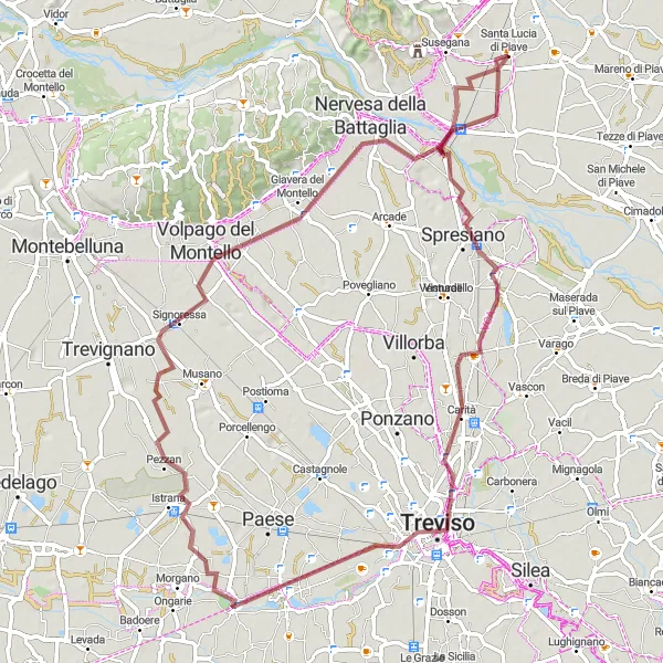 Miniaturní mapa "Okruh kolem Trevisa a Nervesa della Battaglia" inspirace pro cyklisty v oblasti Veneto, Italy. Vytvořeno pomocí plánovače tras Tarmacs.app