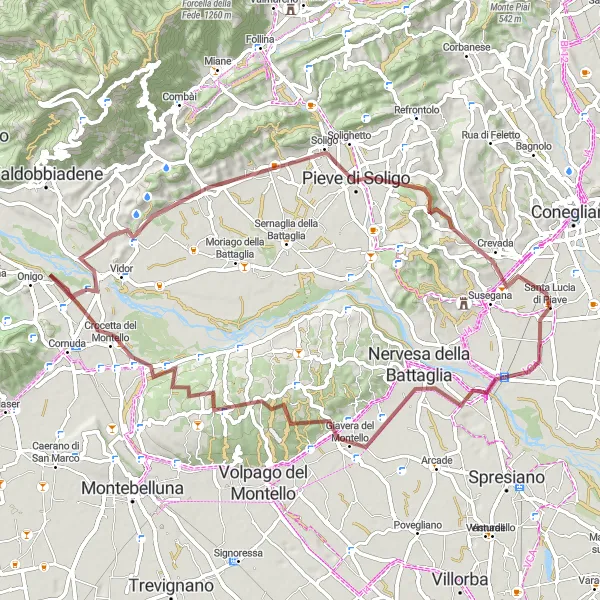 Miniatura della mappa di ispirazione al ciclismo "Giro in bicicletta tra Montello e Col Polenta" nella regione di Veneto, Italy. Generata da Tarmacs.app, pianificatore di rotte ciclistiche