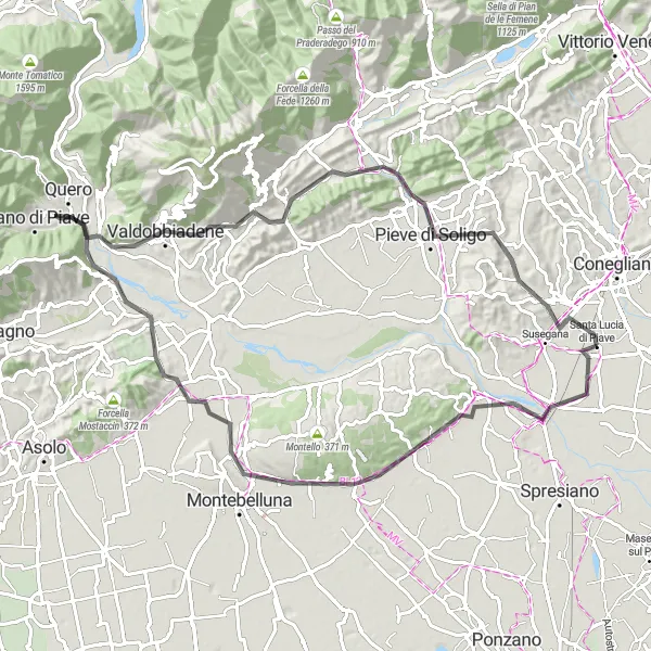 Miniatura della mappa di ispirazione al ciclismo "Esplorazione dei Colli del Montello" nella regione di Veneto, Italy. Generata da Tarmacs.app, pianificatore di rotte ciclistiche