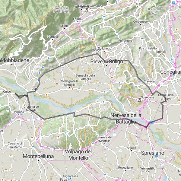 Miniatuurkaart van de fietsinspiratie "Weg rondrit naar Farra di Soligo" in Veneto, Italy. Gemaakt door de Tarmacs.app fietsrouteplanner