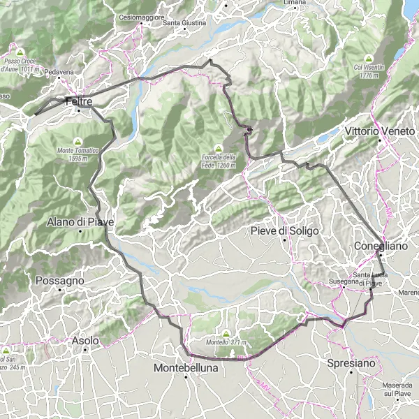 Miniaturní mapa "Kolo okolo Nervesa della Battaglia" inspirace pro cyklisty v oblasti Veneto, Italy. Vytvořeno pomocí plánovače tras Tarmacs.app