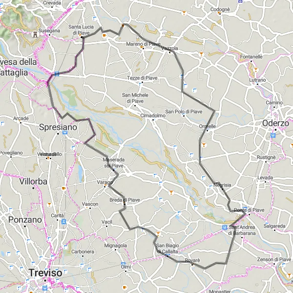 Miniatura della mappa di ispirazione al ciclismo "Giro in bicicletta tra Vazzola e Santa Lucia di Piave" nella regione di Veneto, Italy. Generata da Tarmacs.app, pianificatore di rotte ciclistiche
