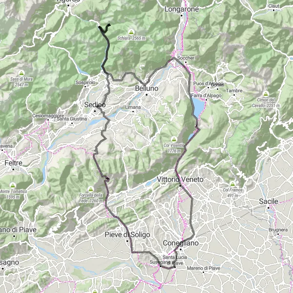 Miniature de la carte de l'inspiration cycliste "Tour Montagneux du Grand Piave" dans la Veneto, Italy. Générée par le planificateur d'itinéraire cycliste Tarmacs.app