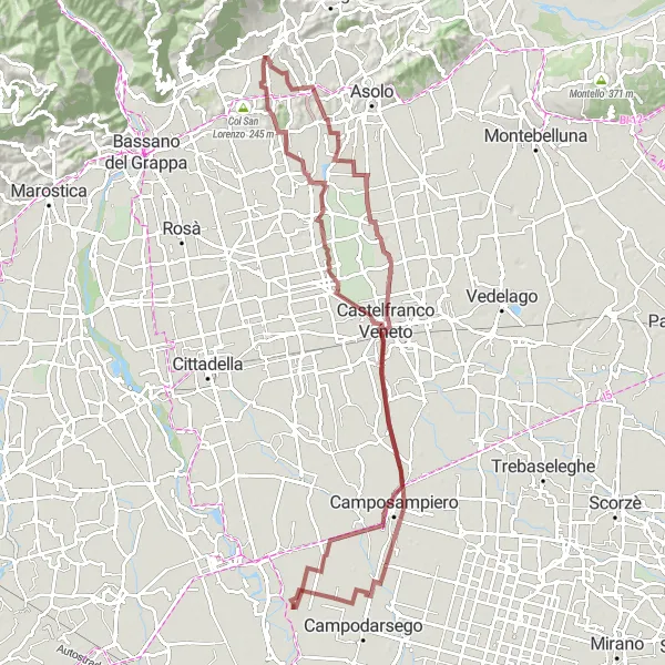 Miniatuurkaart van de fietsinspiratie "Gravelroute naar Monte Forcelle en Loria" in Veneto, Italy. Gemaakt door de Tarmacs.app fietsrouteplanner