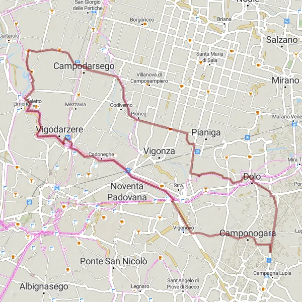 Miniatura della mappa di ispirazione al ciclismo "Giro in bicicletta tra Campodarsego e Santa Maria di Non" nella regione di Veneto, Italy. Generata da Tarmacs.app, pianificatore di rotte ciclistiche