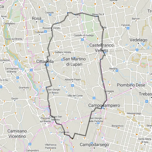 Miniatura della mappa di ispirazione al ciclismo "Itinerario in bicicletta da Campo San Martino a Cavino" nella regione di Veneto, Italy. Generata da Tarmacs.app, pianificatore di rotte ciclistiche