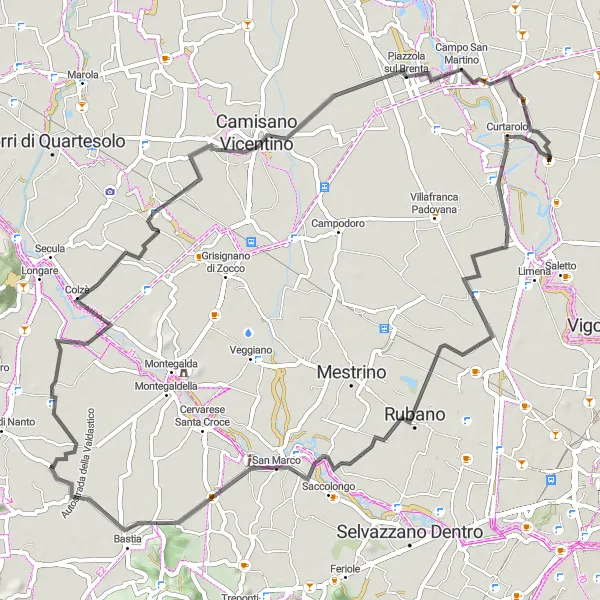 Miniatua del mapa de inspiración ciclista "Ruta de ciclismo de carretera Curtarolo - Piazzola sul Brenta" en Veneto, Italy. Generado por Tarmacs.app planificador de rutas ciclistas