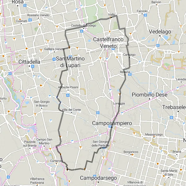 Karttaminiaatyyri "Santa Maria di Non - San Giorgio delle Pertiche Loop" pyöräilyinspiraatiosta alueella Veneto, Italy. Luotu Tarmacs.app pyöräilyreittisuunnittelijalla