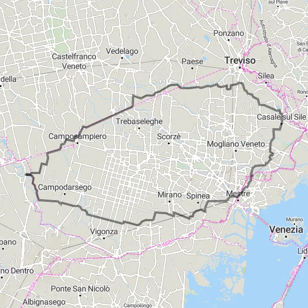 Mapa miniatúra "Cyklistická trasa Curtarolo - Santa Maria di Non" cyklistická inšpirácia v Veneto, Italy. Vygenerované cyklistickým plánovačom trás Tarmacs.app