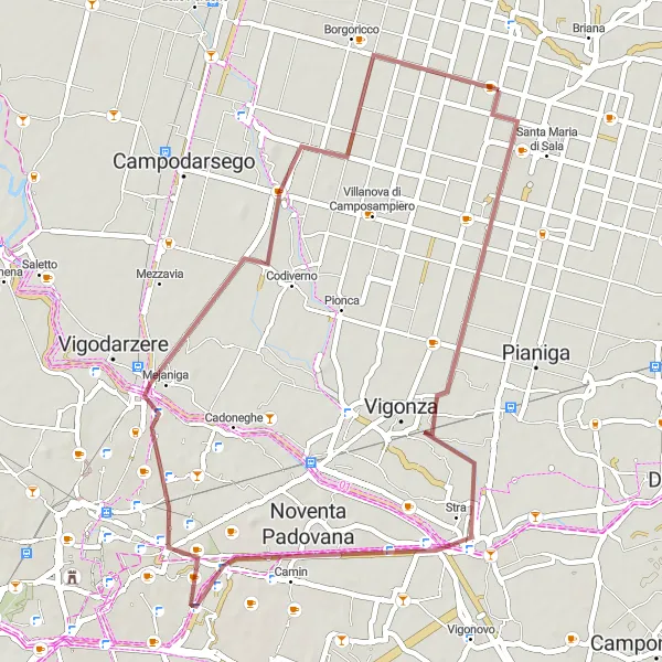 Miniatura della mappa di ispirazione al ciclismo "Esplorazione in gravel tra Santa Maria di Sala e Borgoricco" nella regione di Veneto, Italy. Generata da Tarmacs.app, pianificatore di rotte ciclistiche