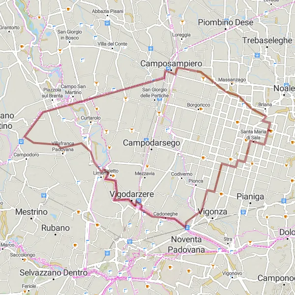 Mapa miniatúra "Gravelová cyklotrasa so zaujímavými zastávkami" cyklistická inšpirácia v Veneto, Italy. Vygenerované cyklistickým plánovačom trás Tarmacs.app