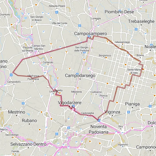 Kartminiatyr av "Gjennom pittoreske landsbyer til Stigliano" sykkelinspirasjon i Veneto, Italy. Generert av Tarmacs.app sykkelrutoplanlegger