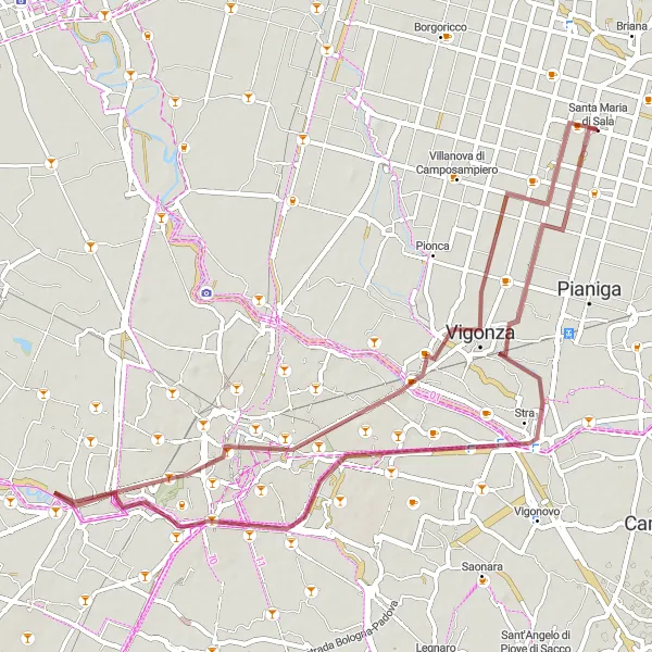 Miniature de la carte de l'inspiration cycliste "Parcours gravel autour de Padoue" dans la Veneto, Italy. Générée par le planificateur d'itinéraire cycliste Tarmacs.app