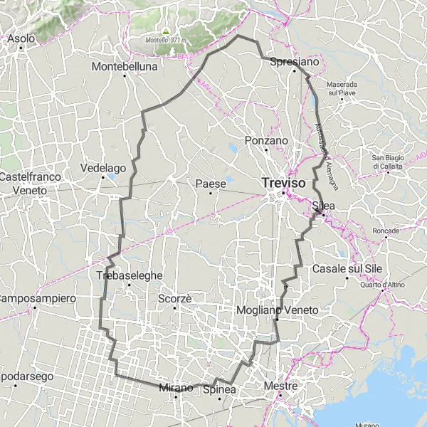 Karten-Miniaturansicht der Radinspiration "Die Montello-Runde" in Veneto, Italy. Erstellt vom Tarmacs.app-Routenplaner für Radtouren