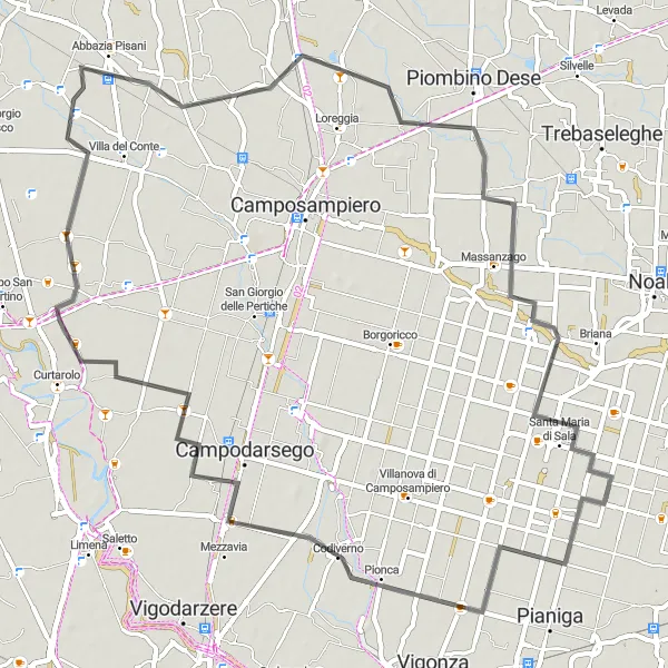 Mapa miniatúra "Cyklotrasa cez Campocroce" cyklistická inšpirácia v Veneto, Italy. Vygenerované cyklistickým plánovačom trás Tarmacs.app