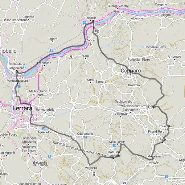 Miniatura mapy "Trasa przez Polesella, Copparo i wiele innych" - trasy rowerowej w Veneto, Italy. Wygenerowane przez planer tras rowerowych Tarmacs.app
