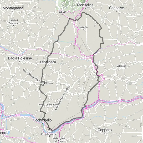 Miniatua del mapa de inspiración ciclista "Ruta circular de ciclismo de carretera desde Santa Maria Maddalena" en Veneto, Italy. Generado por Tarmacs.app planificador de rutas ciclistas