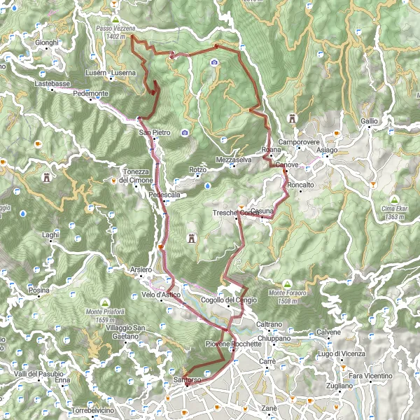 Miniatua del mapa de inspiración ciclista "Ruta de Grava Eremo di Meda - Santorso" en Veneto, Italy. Generado por Tarmacs.app planificador de rutas ciclistas