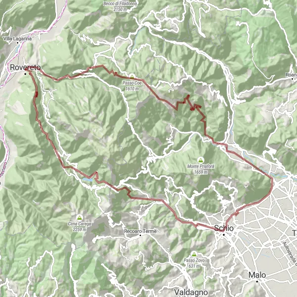 Miniatuurkaart van de fietsinspiratie "Avontuurlijke gravelfietstocht naar Monte Tormeno vanuit Santorso" in Veneto, Italy. Gemaakt door de Tarmacs.app fietsrouteplanner