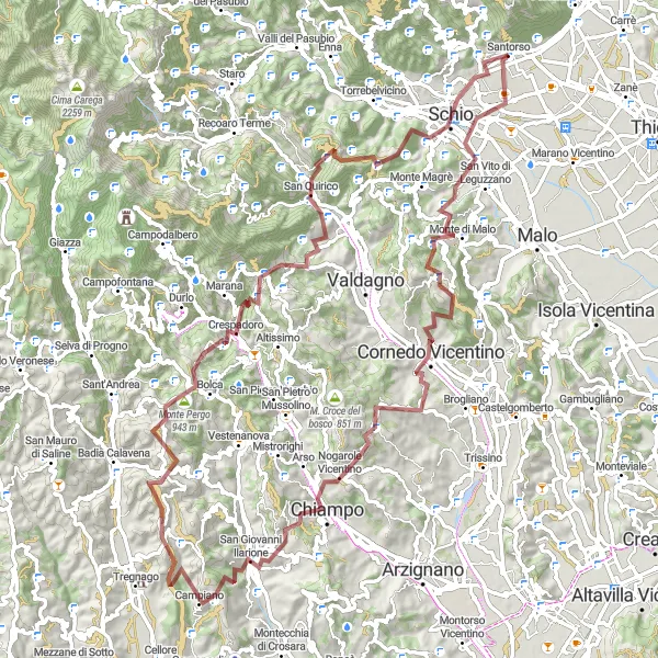 Karten-Miniaturansicht der Radinspiration "Mountainbike-Abenteuer auf den Spuren von Schio nach Bolca" in Veneto, Italy. Erstellt vom Tarmacs.app-Routenplaner für Radtouren