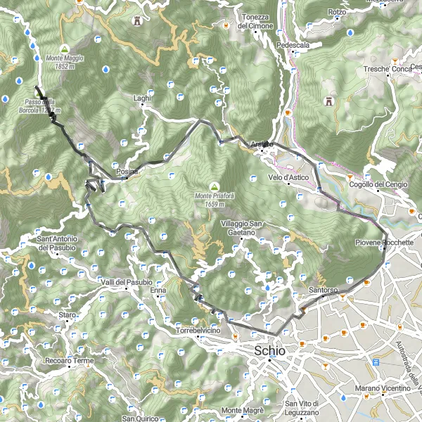 Mapa miniatúra "Cesta okolo Santorso cez Monte Pelle" cyklistická inšpirácia v Veneto, Italy. Vygenerované cyklistickým plánovačom trás Tarmacs.app