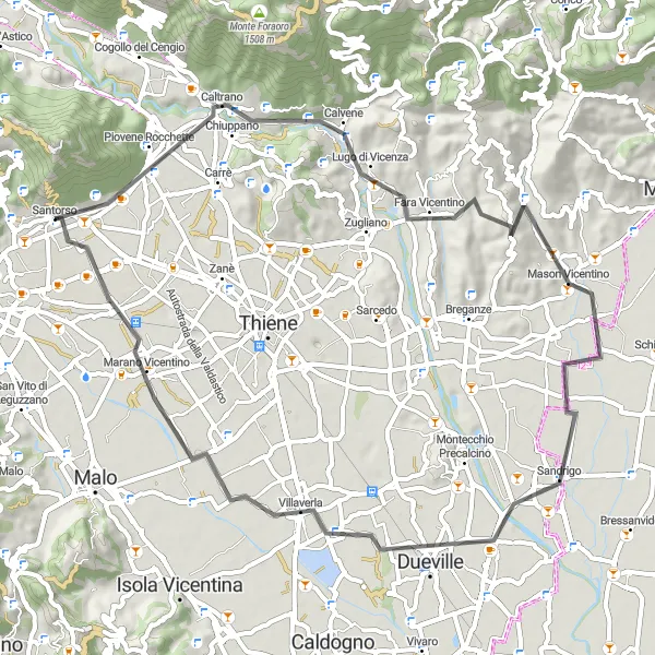 Miniatura della mappa di ispirazione al ciclismo "Giro in bicicletta tra Santorso e Monte Grumo Alto" nella regione di Veneto, Italy. Generata da Tarmacs.app, pianificatore di rotte ciclistiche
