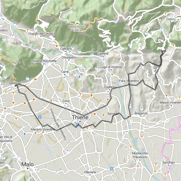 Zemljevid v pomanjšavi "Okoljeven kolesarski izlet: Od Marano Vicentina do Santorso" kolesarske inspiracije v Veneto, Italy. Generirano z načrtovalcem kolesarskih poti Tarmacs.app