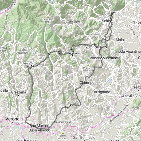Miniatura mapy "Wyzwanie Górskich Przełęczy Poznanej Winomo" - trasy rowerowej w Veneto, Italy. Wygenerowane przez planer tras rowerowych Tarmacs.app