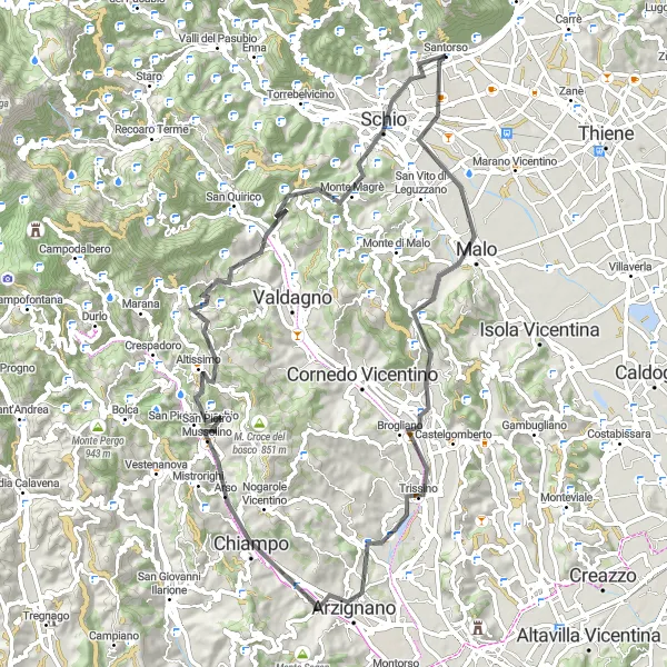 Miniatura della mappa di ispirazione al ciclismo "Giro in Bici su Strada da Malo a Schio" nella regione di Veneto, Italy. Generata da Tarmacs.app, pianificatore di rotte ciclistiche