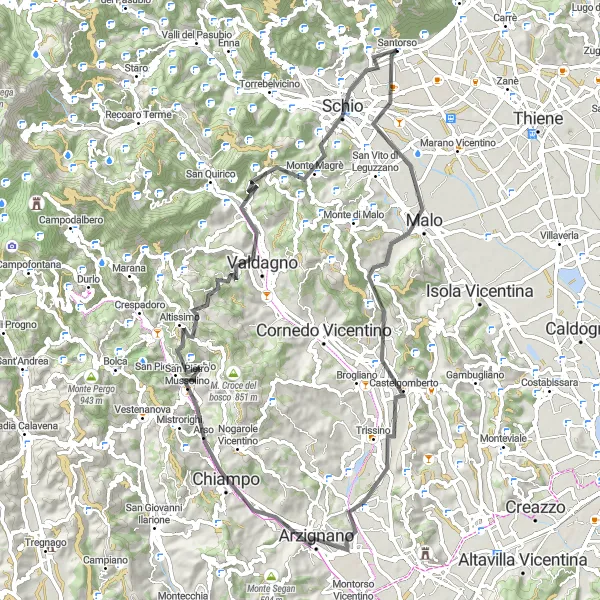 Miniature de la carte de l'inspiration cycliste "Les beautés de la Vallée de Valdagno" dans la Veneto, Italy. Générée par le planificateur d'itinéraire cycliste Tarmacs.app