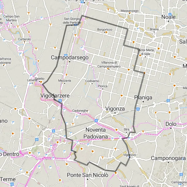 Miniatura della mappa di ispirazione al ciclismo "Tour in bicicletta da Saonara a Vigonovo" nella regione di Veneto, Italy. Generata da Tarmacs.app, pianificatore di rotte ciclistiche