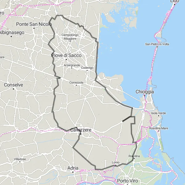 Map miniature of "Countryside Tour: Campagna Lupia to Cavarzere" cycling inspiration in Veneto, Italy. Generated by Tarmacs.app cycling route planner