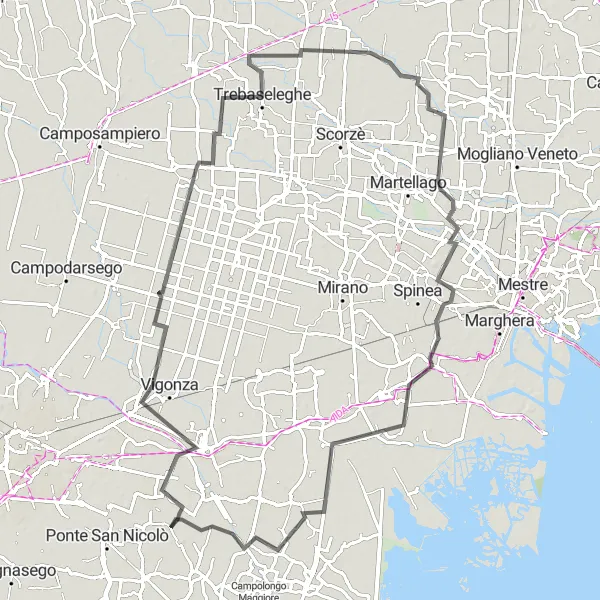 Miniaturní mapa "Cyklistická trasa okolo Saonara - Veneto" inspirace pro cyklisty v oblasti Veneto, Italy. Vytvořeno pomocí plánovače tras Tarmacs.app