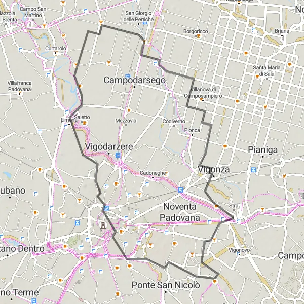 Miniaturní mapa "Jedinečná cesta kolem Saonara" inspirace pro cyklisty v oblasti Veneto, Italy. Vytvořeno pomocí plánovače tras Tarmacs.app