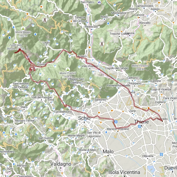 Miniature de la carte de l'inspiration cycliste "L'aventure gravel à travers les montagnes de Schio" dans la Veneto, Italy. Générée par le planificateur d'itinéraire cycliste Tarmacs.app