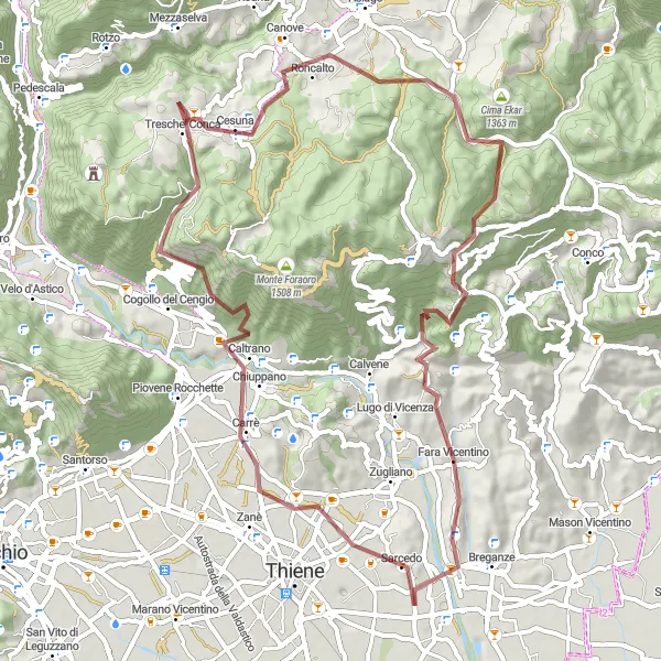 Miniatura della mappa di ispirazione al ciclismo "Avventura in bicicletta tra le colline di Sarcedo" nella regione di Veneto, Italy. Generata da Tarmacs.app, pianificatore di rotte ciclistiche