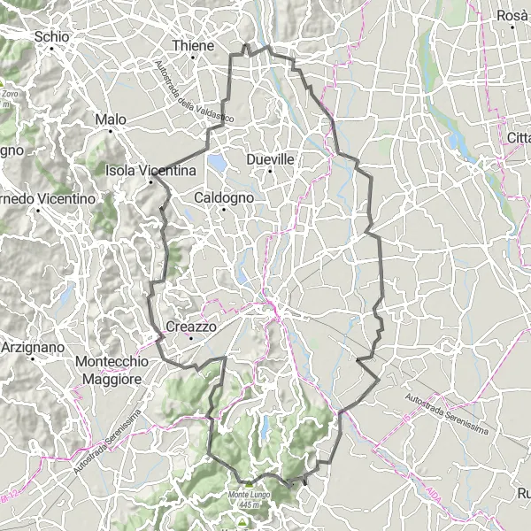 Miniatua del mapa de inspiración ciclista "Ruta de ciclismo de carretera por Sarcedo y alrededores" en Veneto, Italy. Generado por Tarmacs.app planificador de rutas ciclistas
