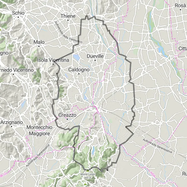 Miniatuurkaart van de fietsinspiratie "Breganze naar Monte Mason via Torri di Quartesolo" in Veneto, Italy. Gemaakt door de Tarmacs.app fietsrouteplanner