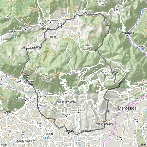 Miniatua del mapa de inspiración ciclista "Desafío ciclista en las montañas alrededor de Sarcedo" en Veneto, Italy. Generado por Tarmacs.app planificador de rutas ciclistas