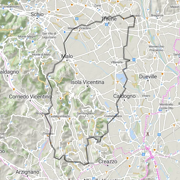 Map miniature of "The Scenic Countryside Ride" cycling inspiration in Veneto, Italy. Generated by Tarmacs.app cycling route planner